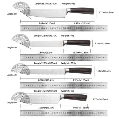 Ultimate 12Pcs Professional Kitchen Knife Set, Damascus Laser Pattern High Carbon Stainless Steel Knives, Ergonomic Wood Grain H