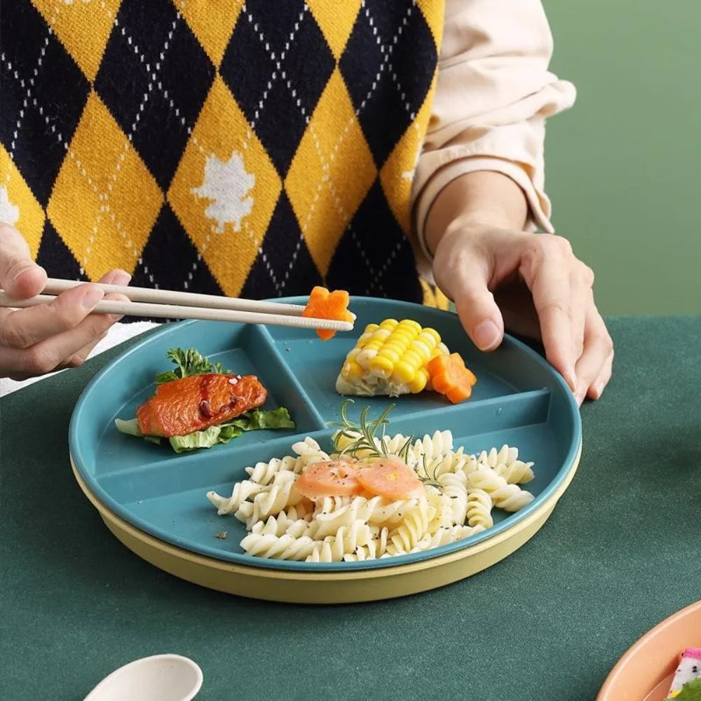 Three-Compartments Divided Plate Eco-Friendly Wheat Straw Reusable Children Dishes Anti-fall Plastic Kitchen Dinnerware Plates