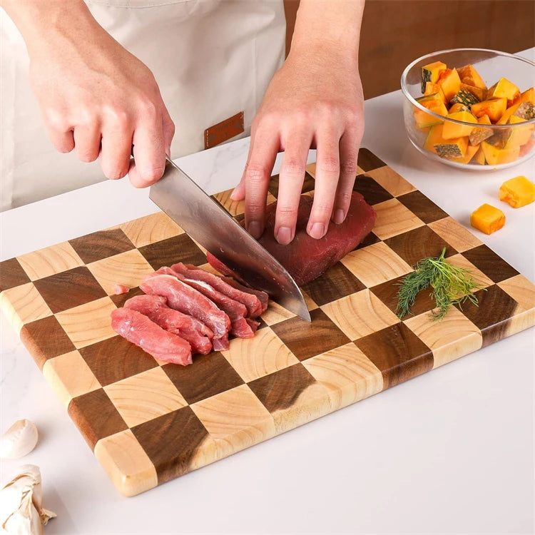 1 Pc End Grain Cutting Board Heavy Duty Rubber Wood Chopping Board Flippable Serving Board For Meat Bread Fruits Vegetable JT549