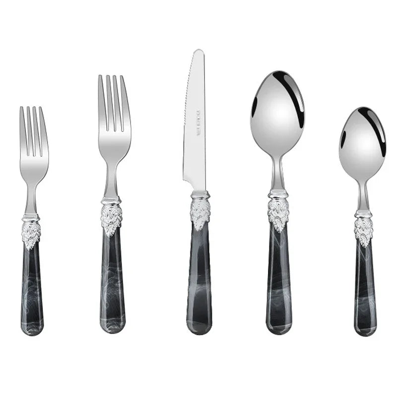 20/30pcs Flatware Set Stainless Steel Plastics Marbling Handle Cutlery Tableware Knife Fork Spoon Dishwasher Safe Dinnerware