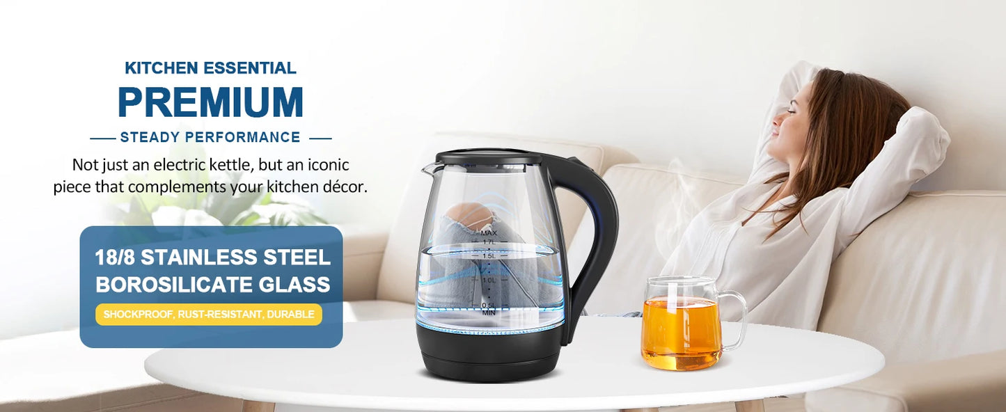 Electric Kettle with Water Dispenser - 1.7L Elegant Glass Tea Pot, 1200W Fast Boiling, LED Indicator, Auto-Shutoff