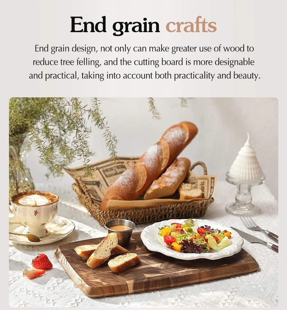 XINZUO End Grain Board Selected Acacia Wood 36x24cm Seamless Design 40% Improved Shock Absorption for Meat, Bread & Vegetable