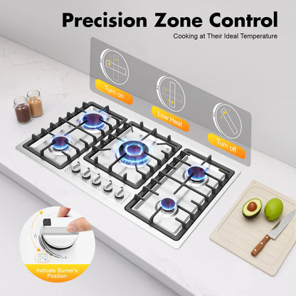 5-Burner Natural Gas Cooktop Drop-In Fierce Fire Kitchen Gas Stove with Flame Failure Protection Stainless Steel Gas Stove
