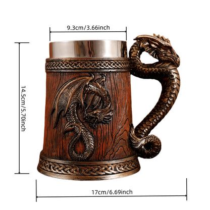 2024 New Medieval Large Dragon Barrel Beer Stein Tankard Coffee Cup Mug Resin Stainless Steel Insert Tankard for Halloween Gift