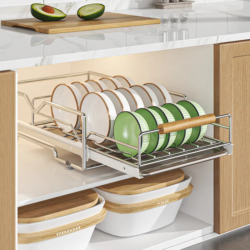 Pull-Out Under Kitchen Sink Organizer Dish Plate Drying Rack, Cabinet Layered Shelf, Pull-Out Basket for Spice Tableware Storage