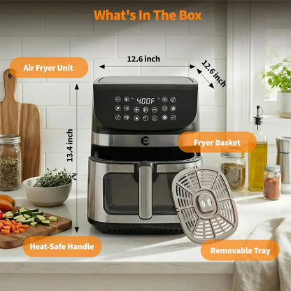 9.5Qt Large Air Fryer Oven, 12 Digital Presets, Non Toxic Stainless Steel, Viewing Window, XL Basket for Family