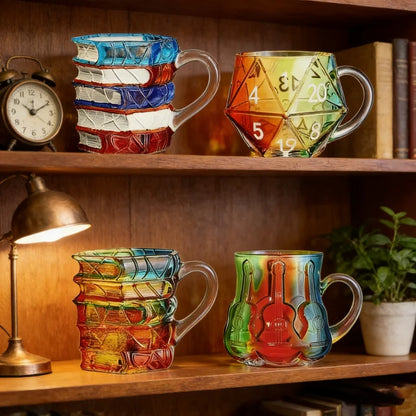 JUSTINLAU Irregular Painted Book Mug Coffee Cup High Borosilicate Glass Drinking Cup with Handle Book Cup Beer Mug Breakfast Cup