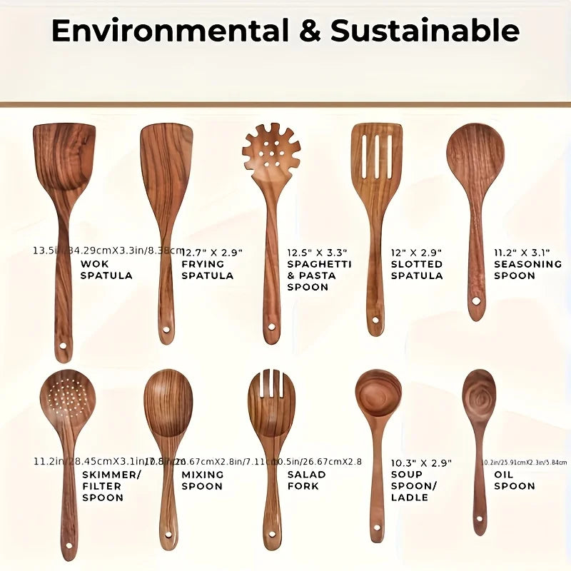 KEMORELA 10PCS Natural Wooden Spoon Set Cooking Utensils for Salad Soup Noodles Kitchen Utensil Kit with Spoons Ladles