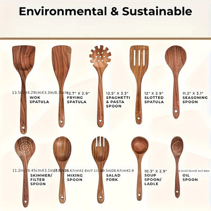 KEMORELA 10PCS Natural Wooden Spoon Set Cooking Utensils for Salad Soup Noodles Kitchen Utensil Kit with Spoons Ladles