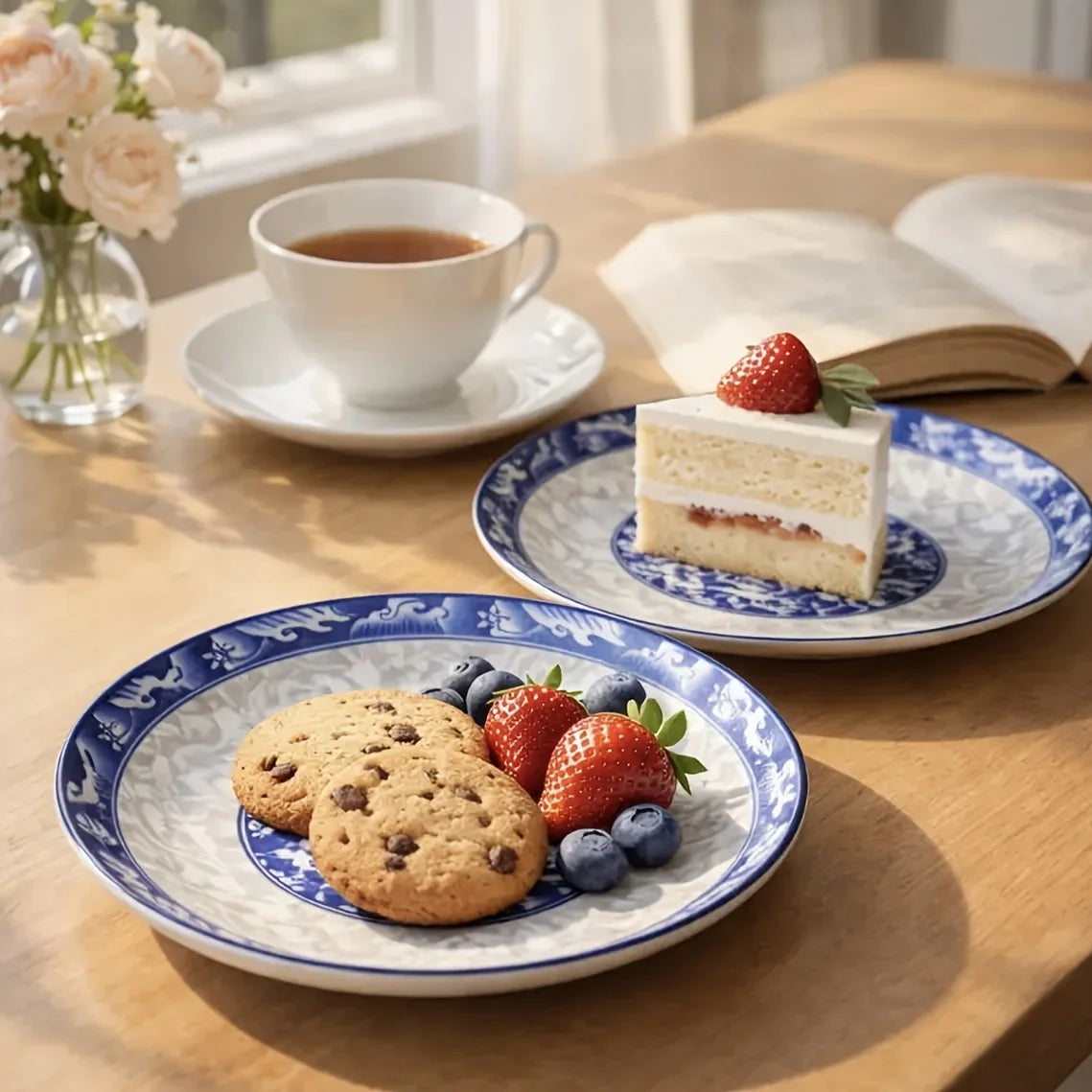 6pcs Elegant Blue And White Ceramic Dinnerware Set, Large Round Plates with Floral Design, Microwave And Dishwasher Safe, Suitab