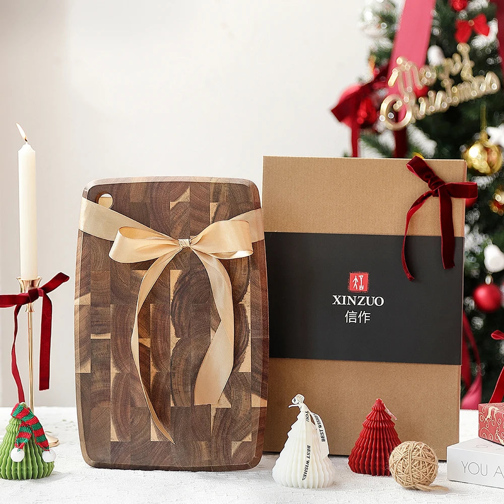 XINZUO End Grain Board Selected Acacia Wood 36x24cm Seamless Design 40% Improved Shock Absorption for Meat, Bread & Vegetable