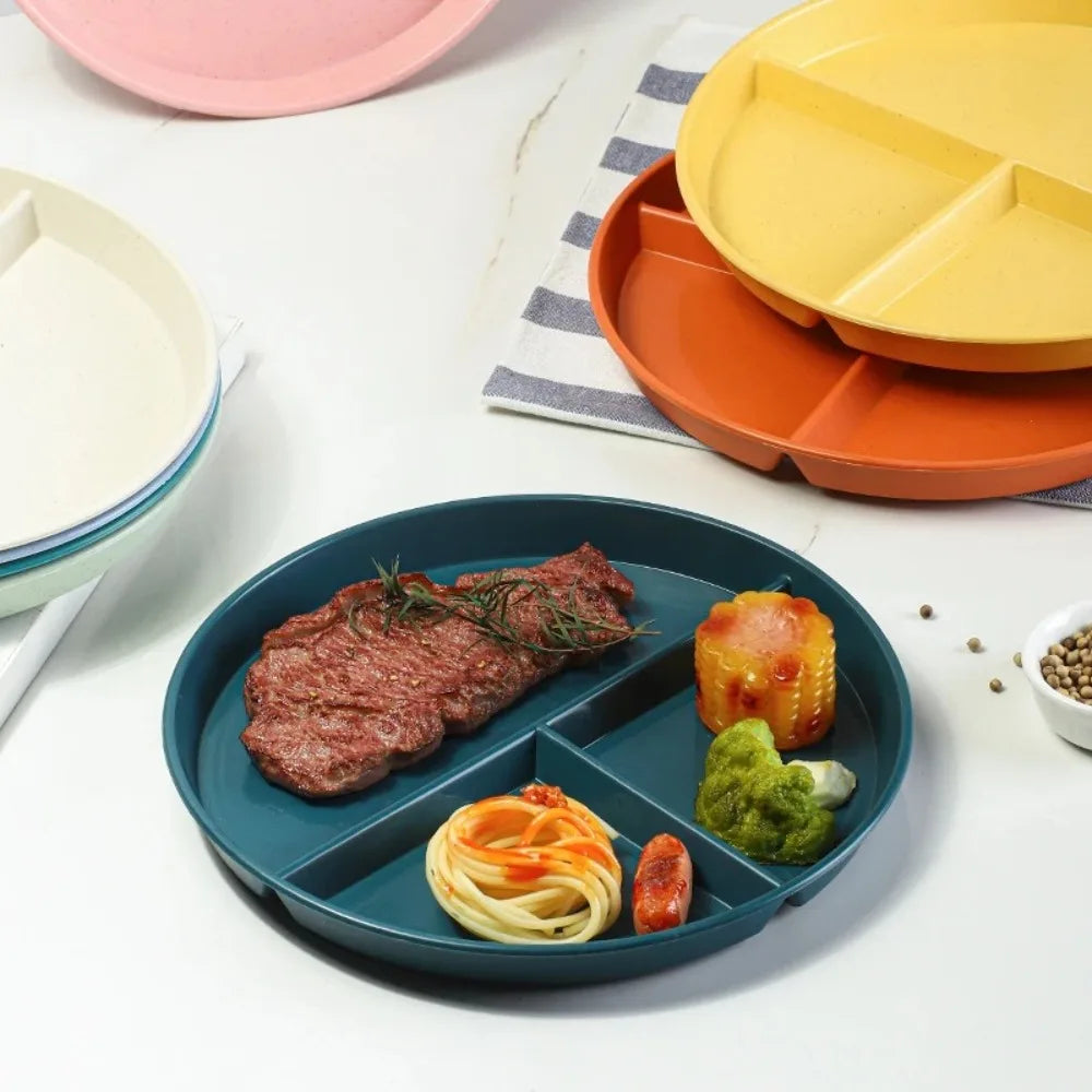 Three-Compartments Divided Plate Eco-Friendly Wheat Straw Reusable Children Dishes Anti-fall Plastic Kitchen Dinnerware Plates