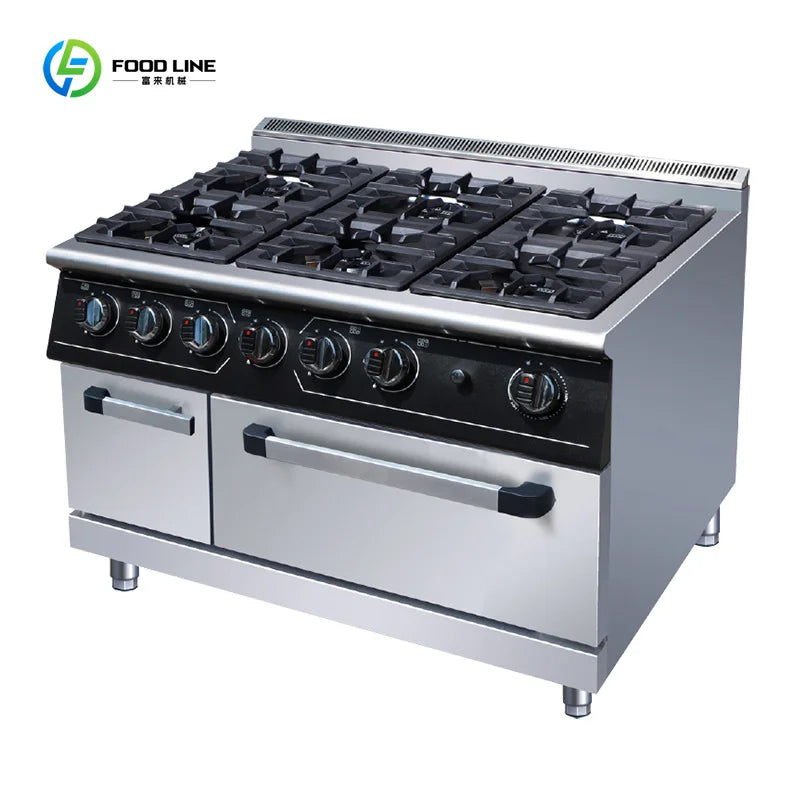 Luxury Six-head Gas Commercial Vertical Pot Stove with Electric Oven, High-power Gas Stove for Hotels and Restaurants Customized