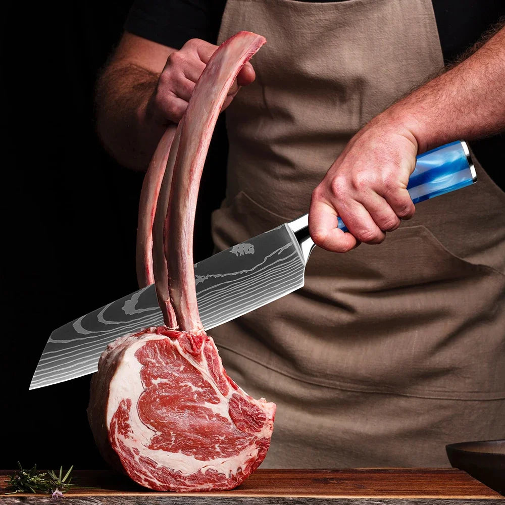 Stainless Steel Chef Knife Kitchen Knife Set 1-8Piece Razor-Sharp Paring Knife, Boning Knife, Santoku Knife, Blue Resin Handle
