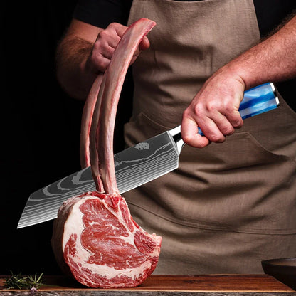 Stainless Steel Chef Knife Kitchen Knife Set 1-8Piece Razor-Sharp Paring Knife, Boning Knife, Santoku Knife, Blue Resin Handle