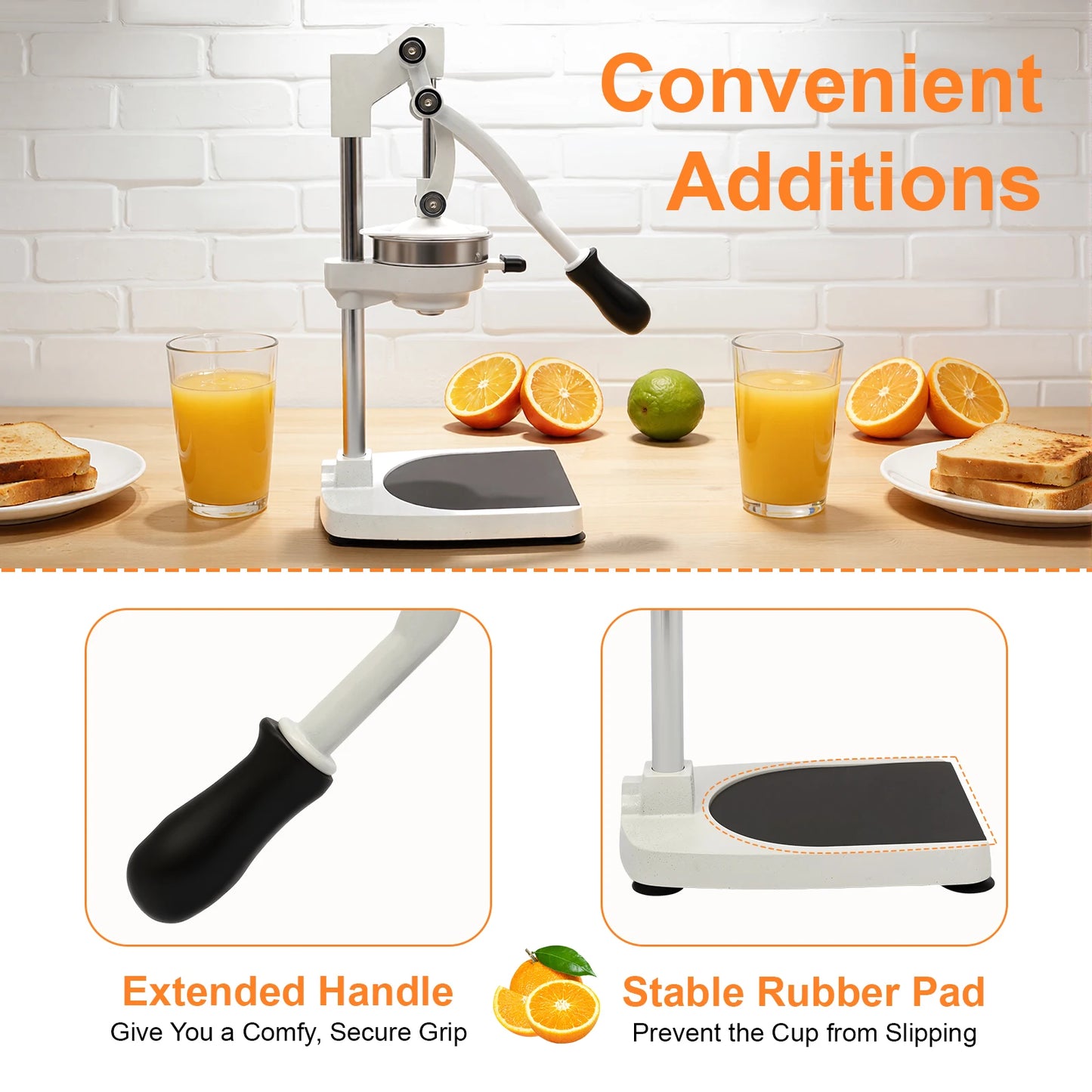 Manual Juicer – 304 Stainless Steel + Aluminum Alloy – Dual Press Heads (Pointed & Flat) – Rotating Gravity Rod – 500ml Measuring Cup – 40mm Base – Suction Cups – for Orange Lemon Pomegranate