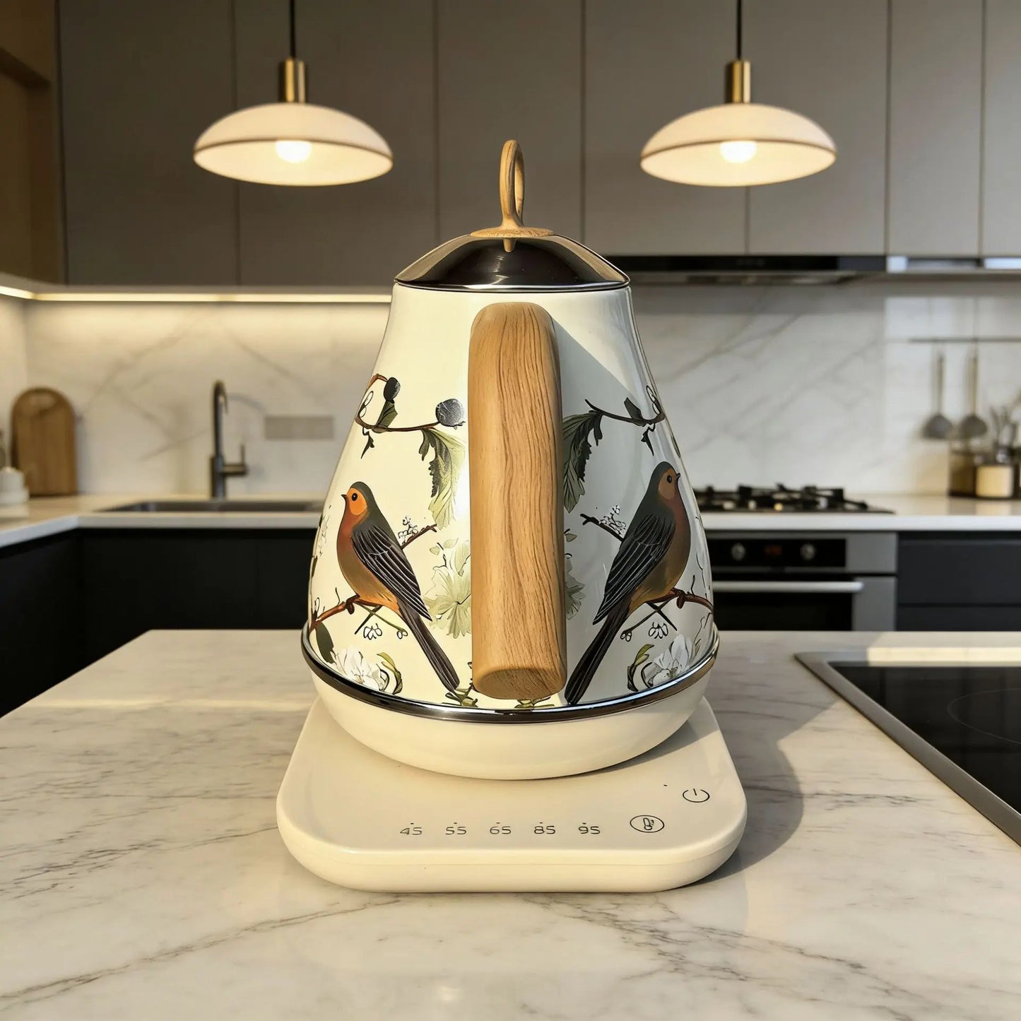 1.7L Retro Decal Electric Kettle Wood Grain Handle 304 Stainless Steel Temperature Control Teapot Home Auto Keep Warm Kettle