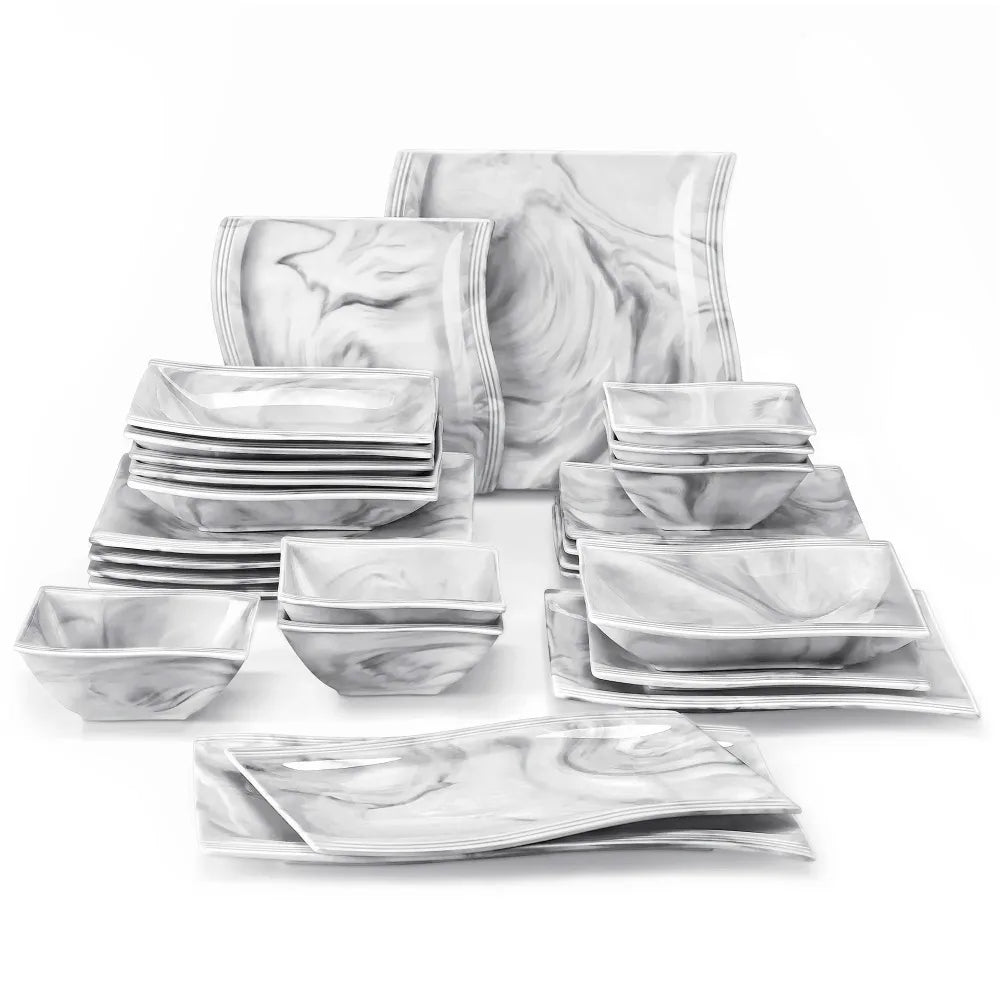 MALACASA FLORA 26-PIECE Nordic European Marble Gray Porcelain Tableware Set with 6PCS Bowl Dinner Plate Dessert Soup Plate