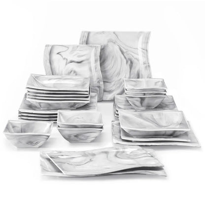 MALACASA FLORA 26-PIECE Nordic European Marble Gray Porcelain Tableware Set with 6PCS Bowl Dinner Plate Dessert Soup Plate