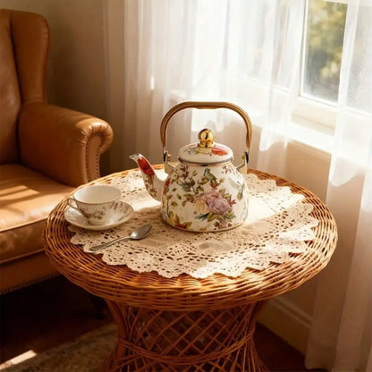 This Elegant Enamel Floral Pattern Kettle With A Gold Handle Is A Perfect Outdoor Kettle For Brewing Tea By The Fireplace. Made
