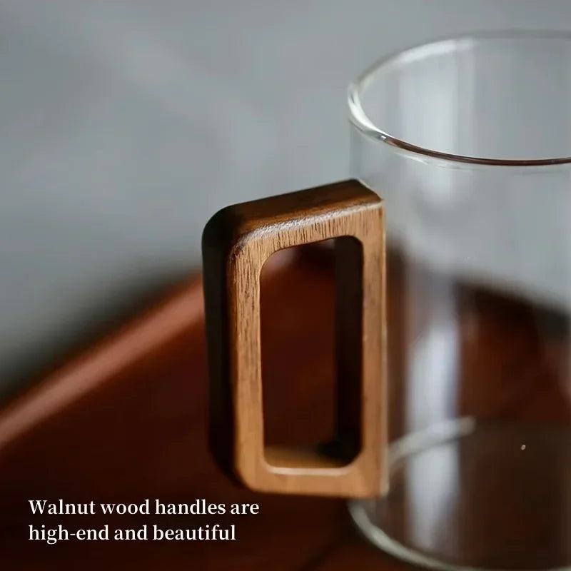1/2pcs 400ml Glass Cups with Walnut Handle Household Heat-resistant Mug Large Capacity Tea Making Cup Office Drinking Glasses