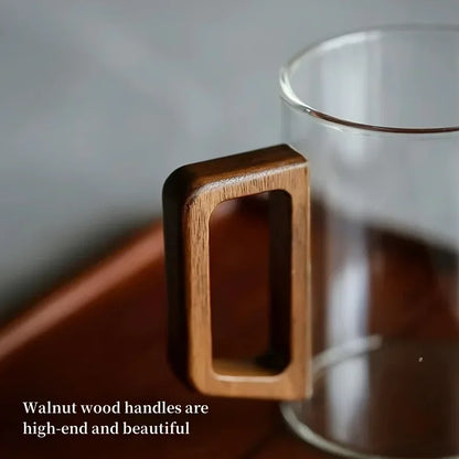 1/2pcs 400ml Glass Cups with Walnut Handle Household Heat-resistant Mug Large Capacity Tea Making Cup Office Drinking Glasses