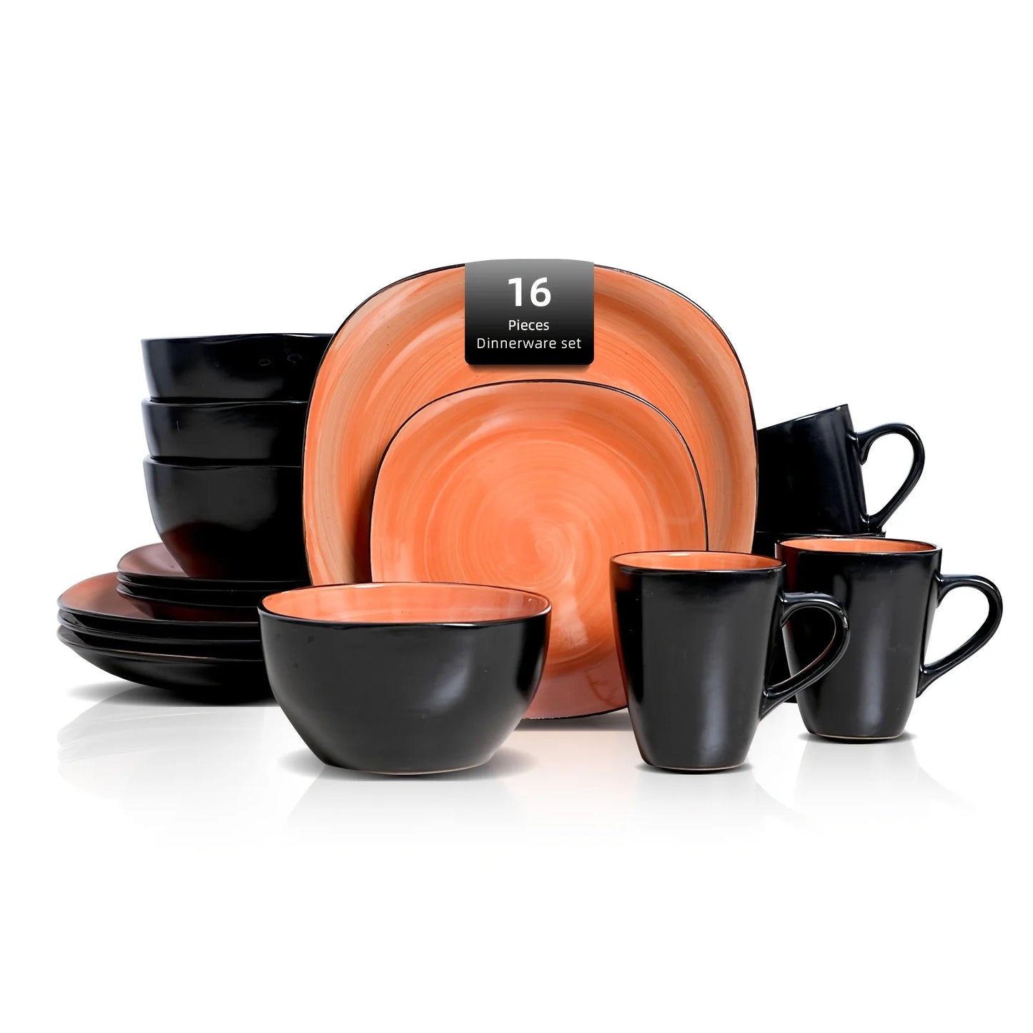 16pcs Square Tableware Set - Artfully Hand-Brushed, Colorful And Black-Trimmed Square Plates And Bowls Set, 4-Person Tableware S