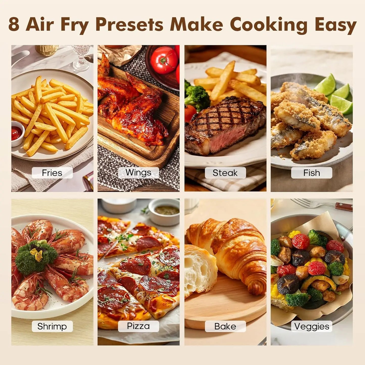 6.34QT Air Fryer with Window, 8 Food Presets with 400°F Max Heat, Black