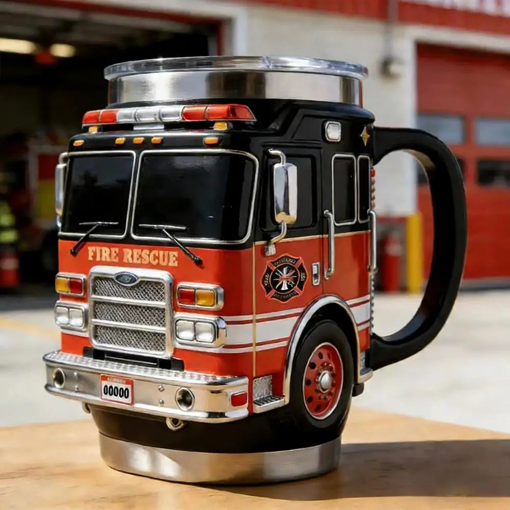 Fire Rescue Coffee Mug, Retro 3D Fire Truck Coffee Mug, Personalized Stainless Steel Wall Insulation Mug New Year Gifts for Mens