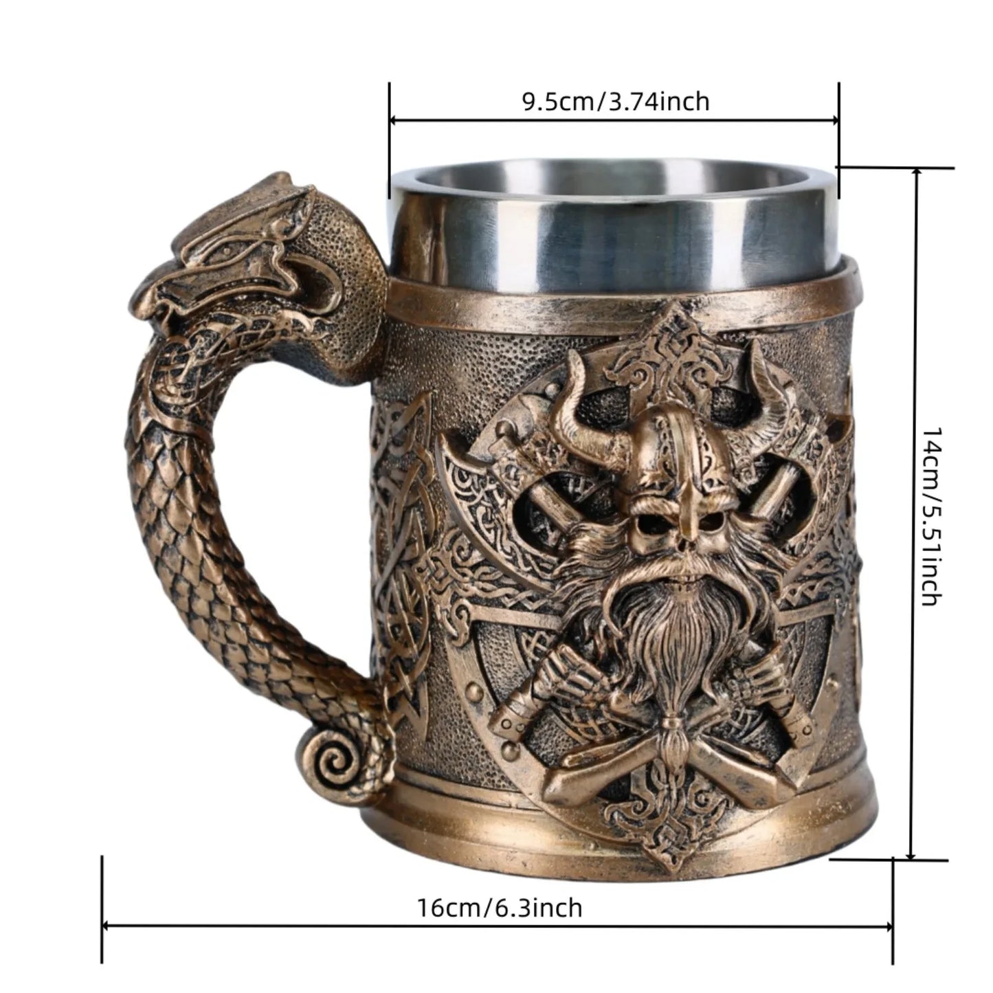 Viking Warrior Dragon Handle Beer Mug, Norse Rune Imitation Wood Resin Tankard with 304 Stainless Steel Liner