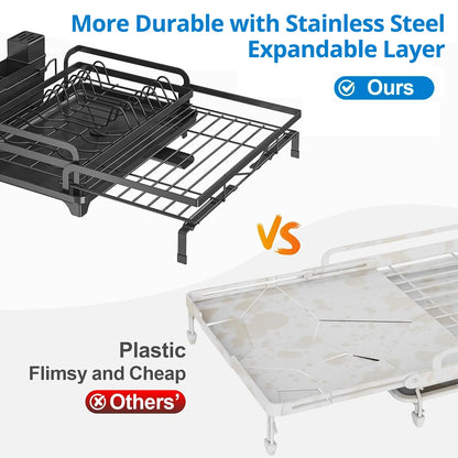 Dish Drainer Rack, Expandable Dish Drying Rack with Cutlery Holder and Swivel Drainage Spout, Dish Rack for Kitchen Counter