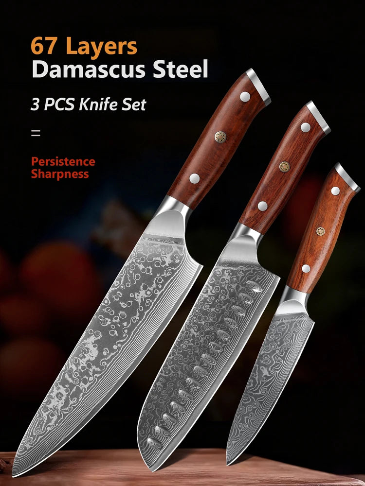 1/3PCS Kitchen Knife Sets Japanese Forged Damascus Steel Chef Santoku Knives Stainless Steel Rosewood Handle