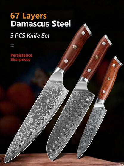 1/3PCS Kitchen Knife Sets Japanese Forged Damascus Steel Chef Santoku Knives Stainless Steel Rosewood Handle