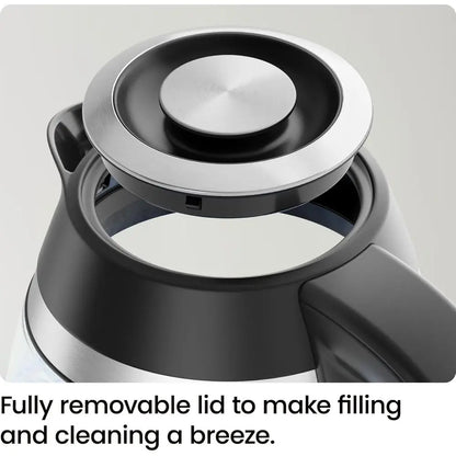 1.8L 1500W Stainless Steel Electric Kettle with Removable Lid, Auto-Off, Boil-Dry Protection, BPA-Free Filter, Borosilicate Glas