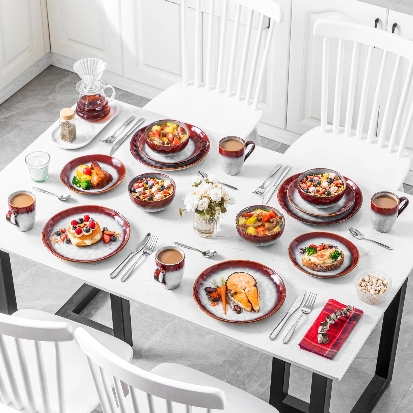 VANCASSO 16/32/48-Piece Starry Dinner Set,Kiln Change Glaze Tableware Dinner Service with Dinner Plate,Dessert Plate,Bowl,Mug
