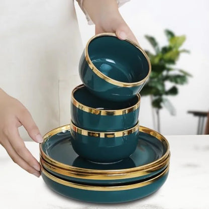 18-Piece Ceramic Dinner Set for 4 People Elegant Green Tableware with Rice Bowls Spoons Soup Bowl Deep Shallow Plates and Sauce