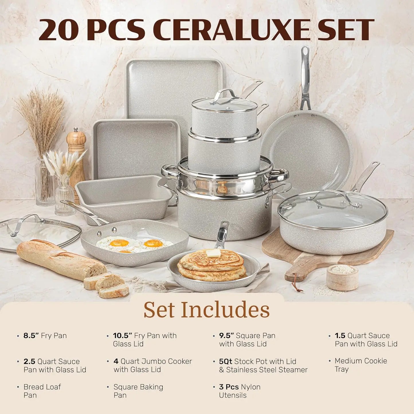 20 Pc Ceramic Nonstick Cookware Set, Complete Pots and Pans with Bakeware, Utensils & Steamer, Oven & Dishwasher Safe, PFOA PFOS Free
