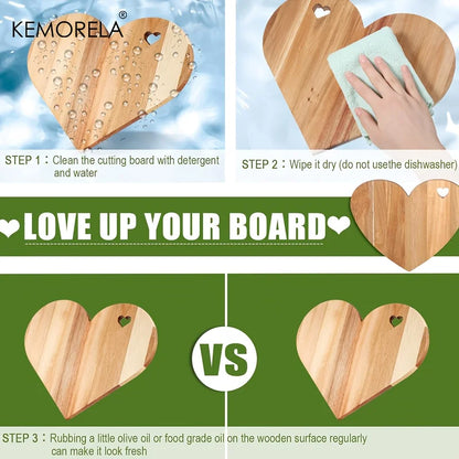 KEMORELA Heart-Shaped Acacia Wood Cutting Board 1/2PCS Food-Safe Bread Cheese Platter with Heart Cutouts Multi-Holiday