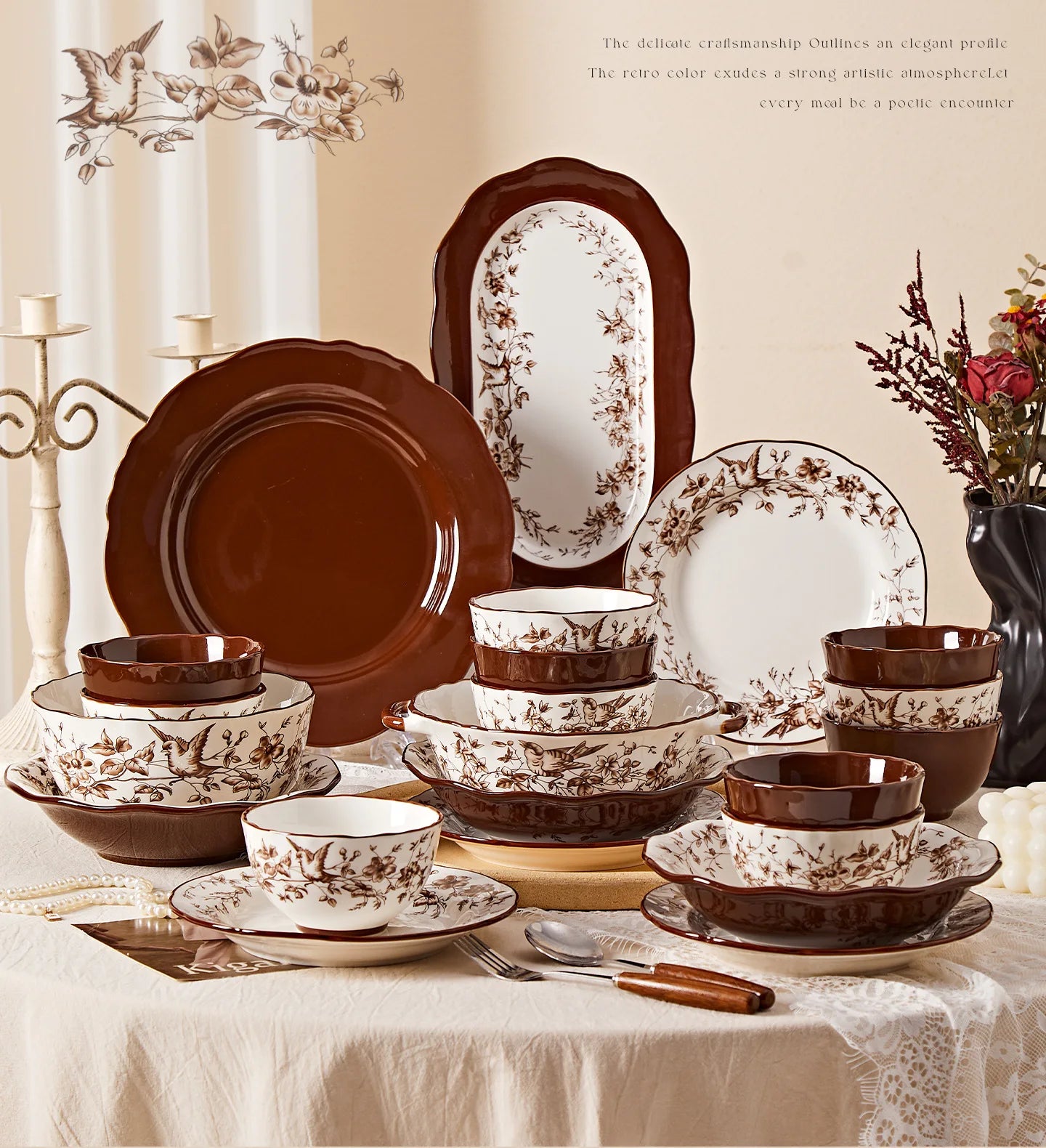 Retro Rose Household Anti-Slip full travel dish set is very luxurious luxury bowl kitchen dinner sets ceramic plates porcelain