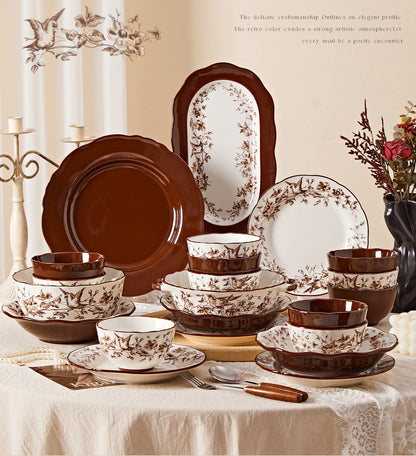 Retro Rose Household Anti-Slip full travel dish set is very luxurious luxury bowl kitchen dinner sets ceramic plates porcelain