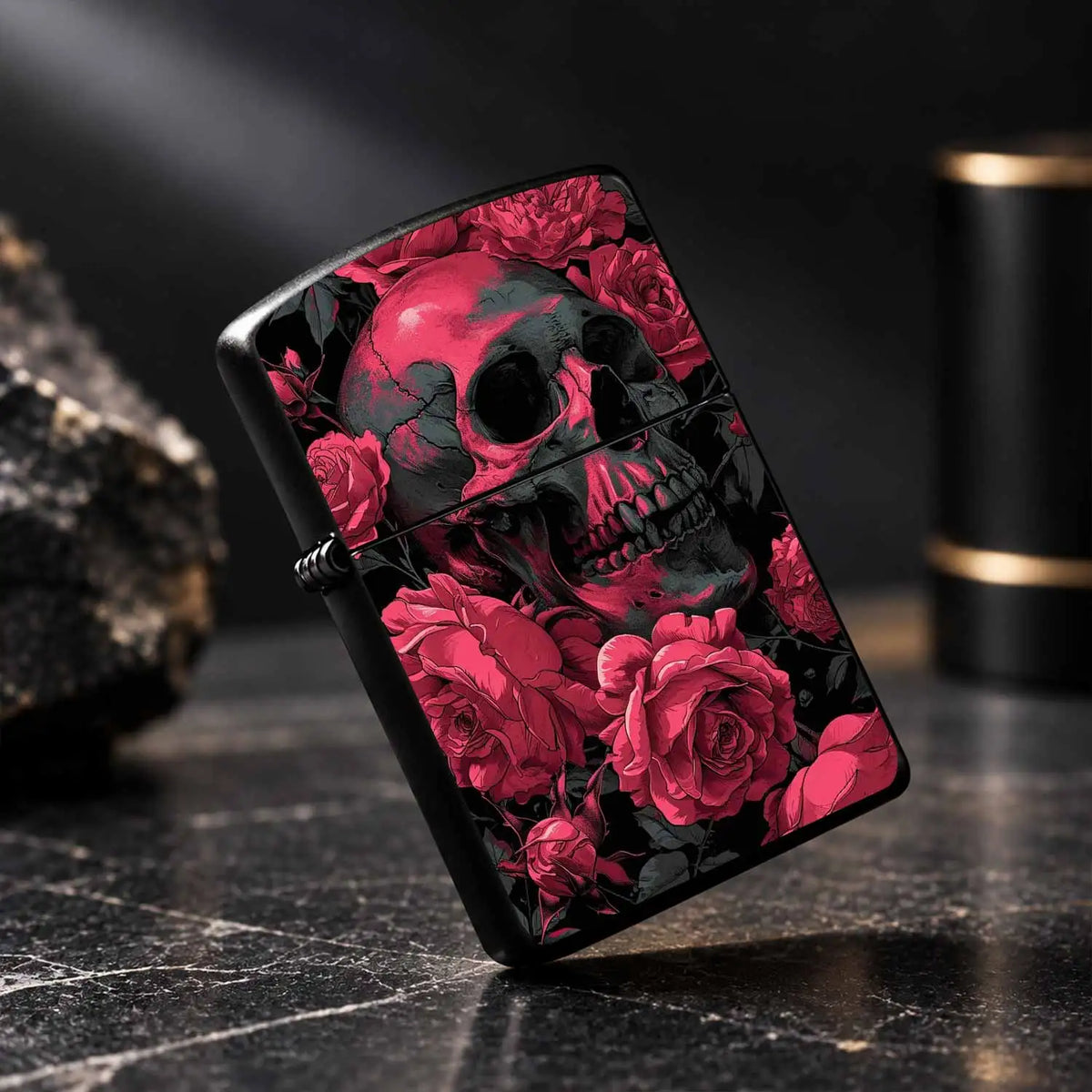 Vibrant Rose Red Skull Rose Pattern Lighter, Punk Aesthetic Solid Durable Housing PORTABLE Lighter for Outdoor Camping Daily Use, Creative Exquisite Practical Gift for Smokers Friends Halloween Gothic A Fun and Humorous Light
