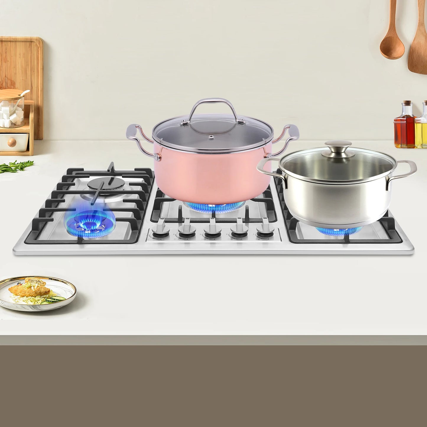 5-Burner Gas Cooktop Scratch Resistance Stainless Steel Gas Stove Simple Control for Home Kitchens/Restaurants/Hotels
