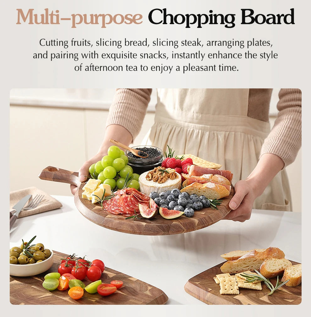 XINZUO Acacia End Grain Cutting Board 42.5x32cm Seamless, Ergonomic Handle Acacia Wood Surface for Heavy-Duty Meat & Vegetable