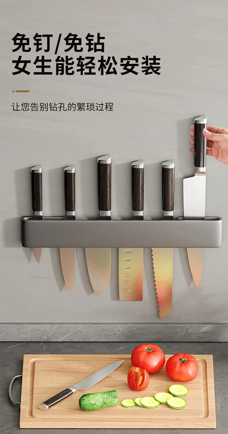 Wall-Mounted Kitchen Knife Holder No Punching Stainless Steel Storage Rack for Home Use 304 Steel Knife Insertion Rack