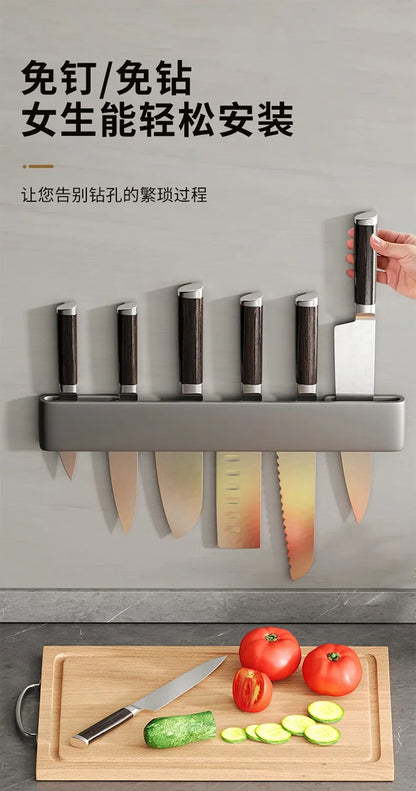 Wall-Mounted Kitchen Knife Holder No Punching Stainless Steel Storage Rack for Home Use 304 Steel Knife Insertion Rack