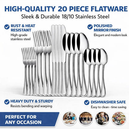 20-Piece Stainless Steel Flatware Set (Includes Knives, Forks, and Spoons) — Ideal for Western Dining & Restaurant Use | Suitabl
