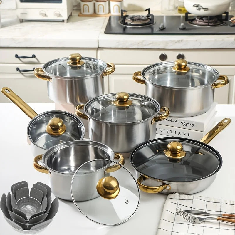 10/12pcs- Stainless Steel Pots And Pans 6pots+6pots - Heavy-Duty, Non-stick Cookware Set with Lid for Stew, Simmering, Soup -