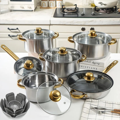 10/12pcs- Stainless Steel Pots And Pans 6pots+6pots - Heavy-Duty, Non-stick Cookware Set with Lid for Stew, Simmering, Soup -