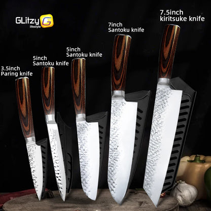 Kitchen Knives Japanese Chef Knife Set 7CR17 High Carbon Steel Full Tang Hammered Non-Stick Santoku Knifes Utility Meat Cleaver