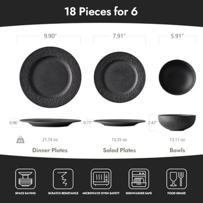 Black Dinnerware Sets 18-Piece Matte Marble Pattern Premium Porcelain Place Setting with Dinner Plate Salad Plate Pasta Bowl Mi